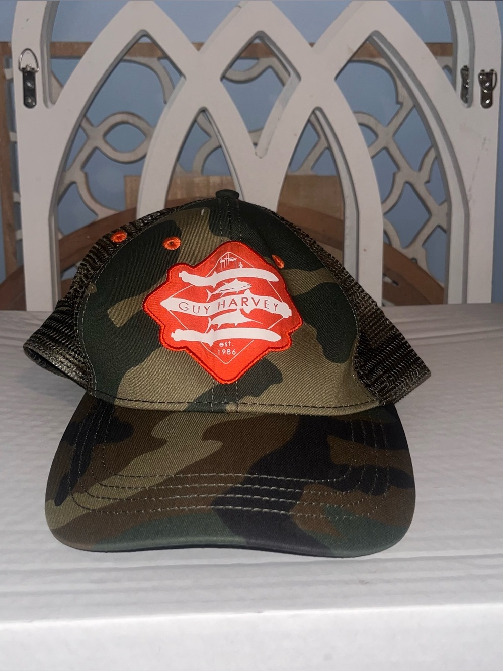 Guy Harvey Camo Trucker Hat with Bright Orange Patch